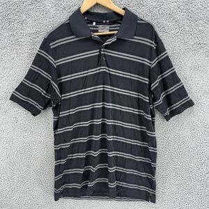 Under Armor Mens L Loose Heat Gear Polo Golf Shirt Black Gray Stripe Embroidered
